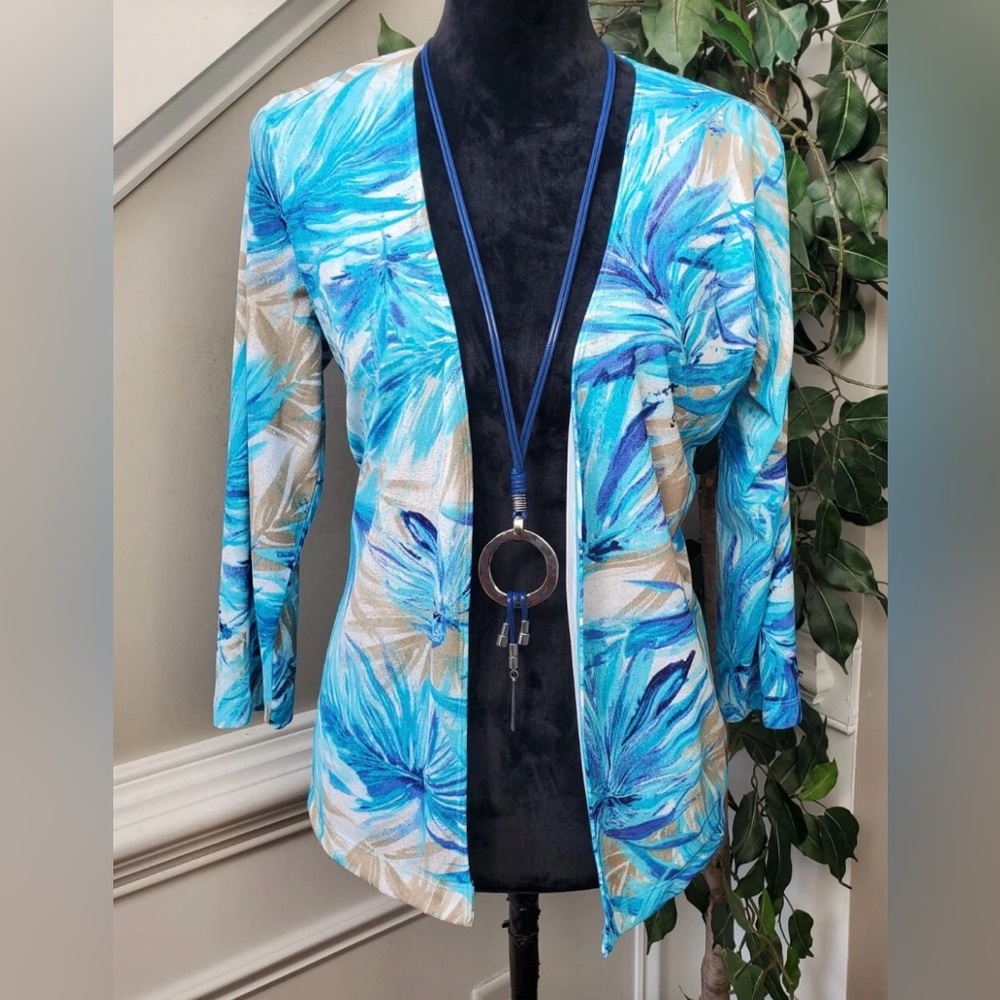 Chicos Blue Cardigan Sweater Open Front 3/4 Sleeve Lightweight Sz Small